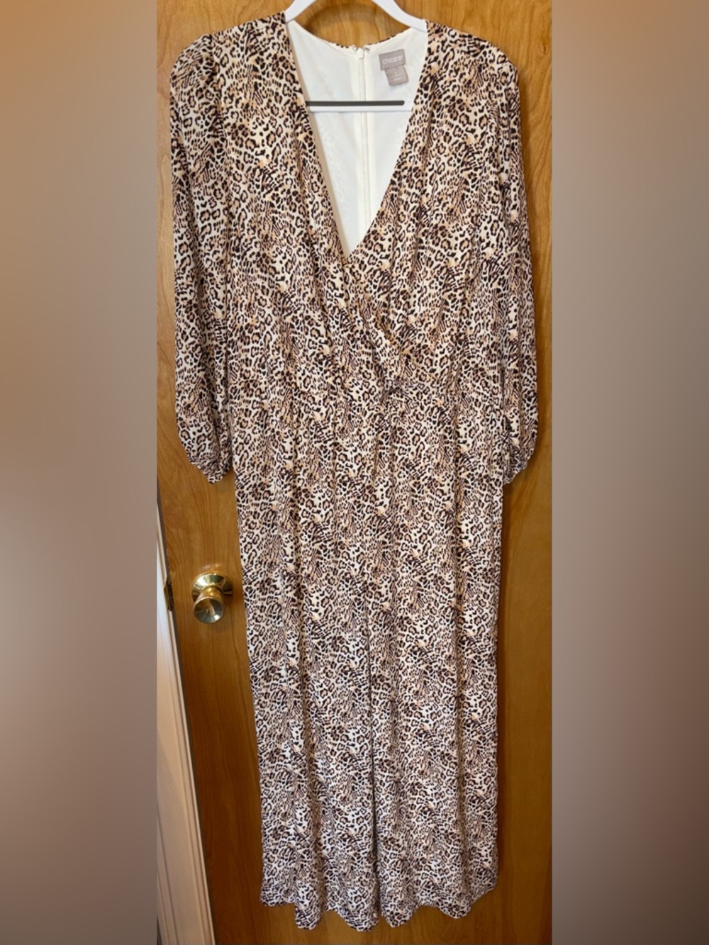 Chico’s brown/beige animal print chiffon crop wide jumpsuit Size 2 long sleeve
